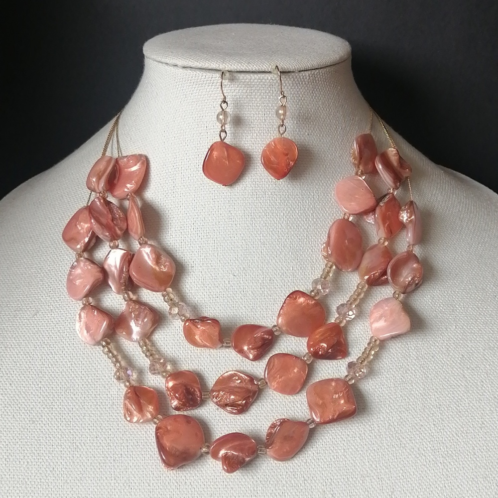 Genuine Shell Coral Pink Colour Multi-Strand Goldplated Necklace & Earrings Set